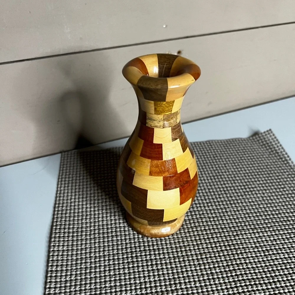 Handmade Segmented Wood Bud Vase Patchwork Mosaic Geometric Decorative 7 Inch